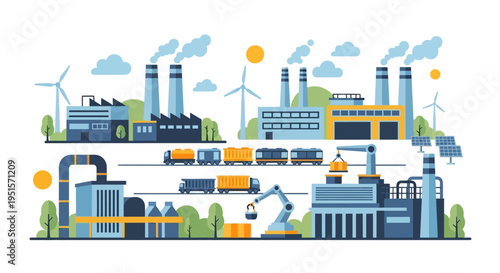 Industrial Complex Illustration: Factories, Logistics, Renewable Energy. Manufacturing, supply chain, and green power in flat design.