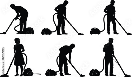 Set of vacuum cleaning people silhouettes showing different household chores poses isolated vector illustration for cleaning service home hygiene design projects