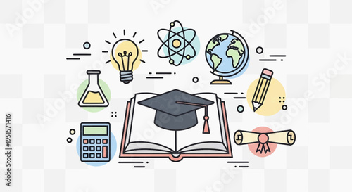 Graduation ceremony with academic icons surrounds an open book