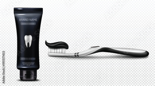 Charcoal toothpaste tube and toothbrush set for dental care vector