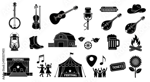 Artistic Bluegrass Festival Icon Set With Musical Instruments And Traditional Cultural Heritage Elements