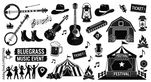 Artistic Bluegrass Festival Icon Set With Musical Instruments And Traditional Cultural Heritage Elements