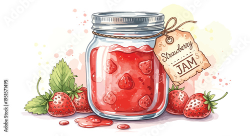 Illustration of a glass jar filled with strawberry jam, surrounded by fresh strawberries and leaves on a white background with a tag.