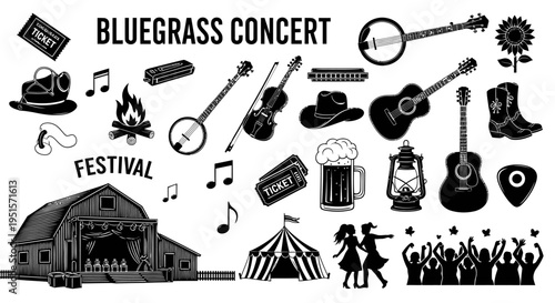 Modern Line Bluegrass Music Icon Pack Featuring Festival Instruments And Outdoor Cultural Event Visual Symbol
