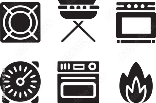 Collection of cooking and kitchen appliance line art icons for design