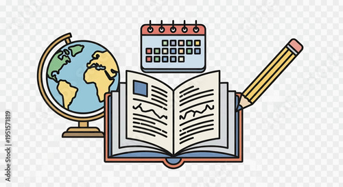 Vector illustration of academic essentials a globe, calendar, open book, and pencil, representing knowledge acquisition, study planning, and comprehensive learning