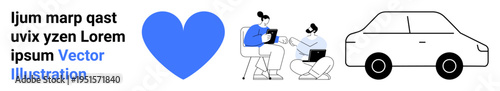 Digital communication, teamwork, automotive design, business concepts, collaboration, and technology. Blue heart shape, two working individuals and a car icon. Communication and teamwork concepts
