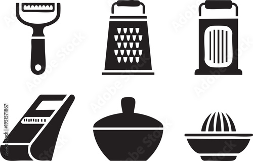 Collection of kitchen utensil silhouette icons for food preparation and cooking
