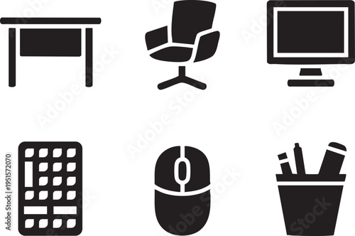 Collection of office workspace icons in dark gray silhouette, including des