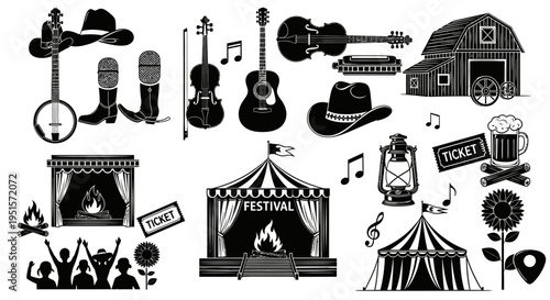 Clean Outline Bluegrass Music Festival Icon Set Featuring Acoustic Instruments And Outdoor Event Scene Elements