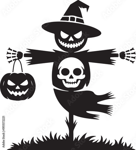 Black scarecrow with skull and pumpkin skeleton halloween