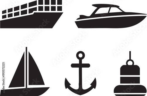 Collection of simple vector icons representing various watercraft and nautical elements.
