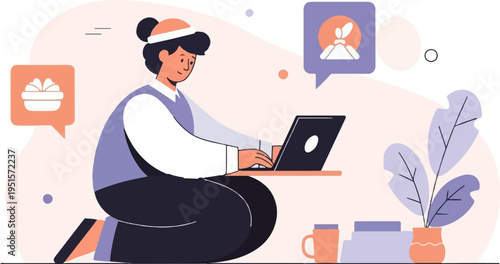 Person working on laptop with communication bubbles and potted plant