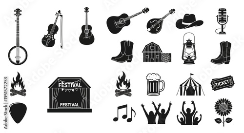 Clean Outline Bluegrass Music Festival Icon Set Featuring Acoustic Instruments And Outdoor Event Scene Elements