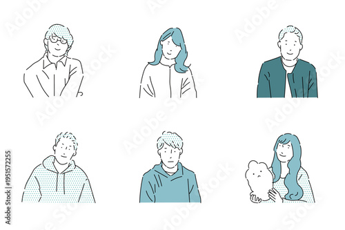 ビジネスパーソンの男女アバター上半身ーオシャレシンプル線画アイコンセットベクターイラスト素材