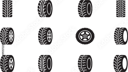Automotive Car Tire and Wheel Tread Pattern Vector Icon Set
