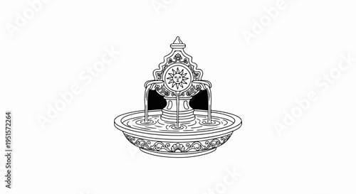 Ornate fountain with sun motif and cascading water streams into a basin