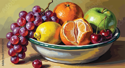 Still life of a bowl filled with assorted fresh fruits including grapes, oranges, apples, and cherries on a table with a warm color palette.