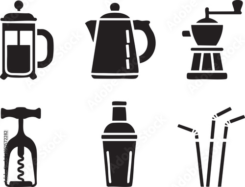 Collection of six kitchen and barware items as simple silhouette graphics