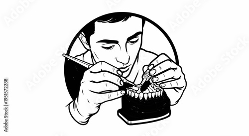 Person meticulously crafts a dental prosthetic on a model