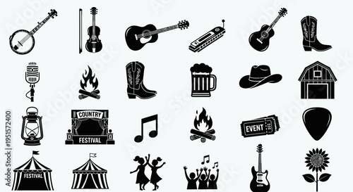 Professional Bluegrass Festival Icon Collection With Acoustic Instruments And Live Performance Scene Design Elements