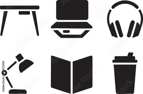 Collection of stylized icons depicting desk, monitor, headphones, microphone, book, and shaker