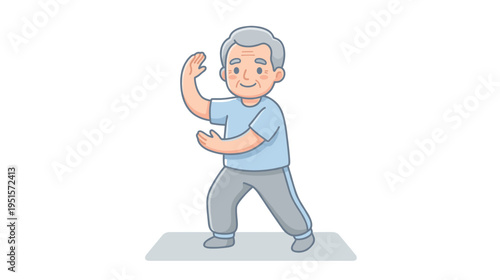 Elderly man practicing tai chi in comfortable clothing indoors  