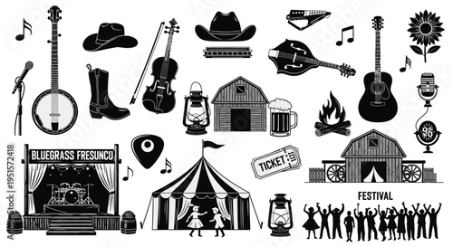 Flat Design Bluegrass Music Icon Collection Featuring Acoustic Instruments And Outdoor Festival Event Symbols