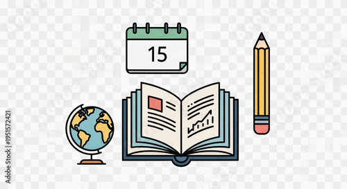 Comprehensive Flat Design Icon Set for Education, Study, and Academic Learning, Featuring a Globe, Open Book, Calendar, and Pencil – Ideal for Knowledge-Based Concepts and Digital Learning Resources