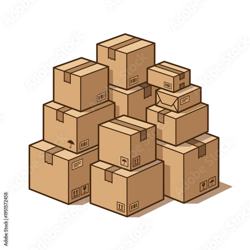 Pile of stacked cardboard boxes in various sizes on white background  