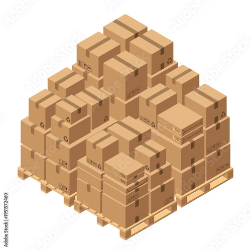 Stack of cardboard boxes on wooden pallet in warehouse setting  