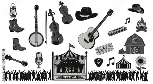 Modern Outline Bluegrass Festival Icon Collection With Clean Design Instruments And Event Symbols