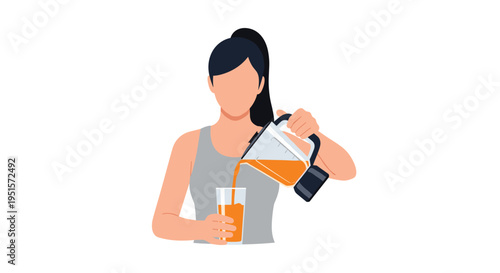 A faceless woman is pouring orange juice from a blender into a clear glass against a solid light off-white background.