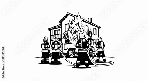 Firefighters battle a house fire with hoses and a truck