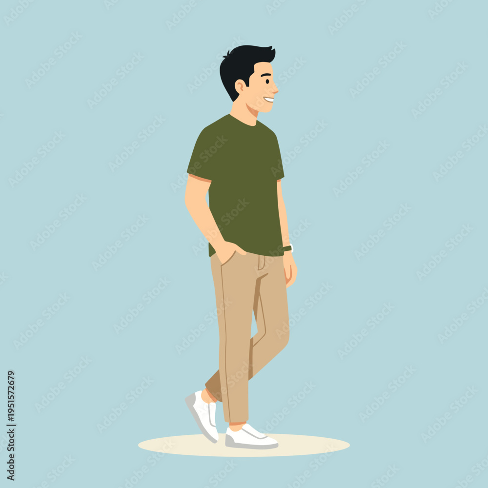 Fototapeta premium Young man smiling while walking casually on blue background 