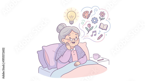 Elderly woman relaxing in bed with creative thoughts and ideas  