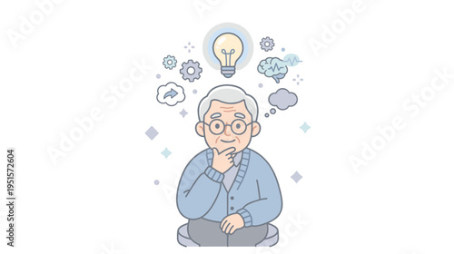 Thoughtful elderly man pondering ideas with light bulb above  