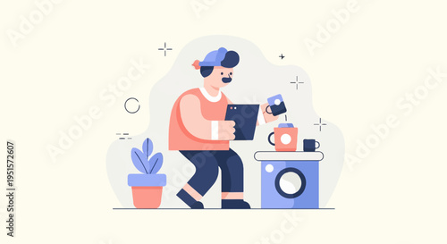 Person with tablet and beverages near appliance and plant