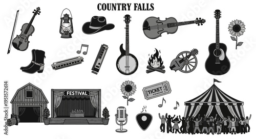 Artistic Bluegrass Festival Icon Pack With Musical Instruments And Cultural Heritage Visual Design Elements