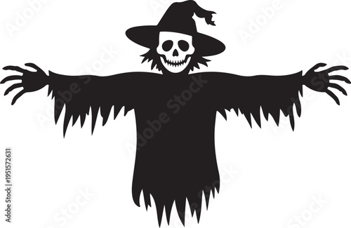 Black scarecrow with skull face and hat on white background