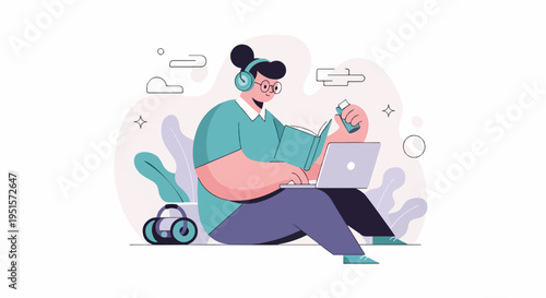 Person wearing headphones reads a book, uses laptop, and holds a small item