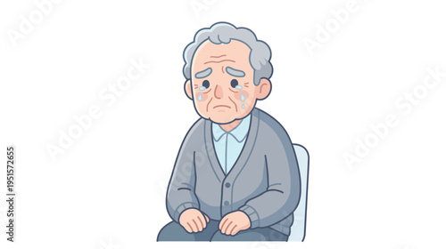 Elderly man sitting with sad expression and tears in cartoon style  