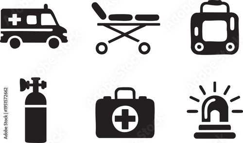 Medical emergency service icons collection set with ambulance and first aid kit