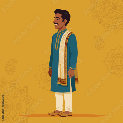 Young man wearing traditional attire and smiling on decorative background  