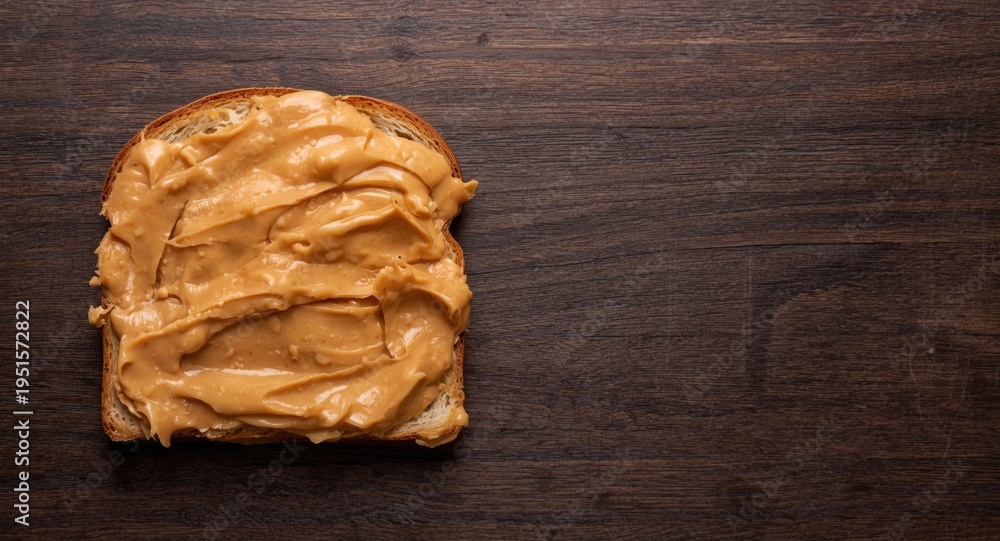 Fototapeta premium Peanut butter and banana toast served on a dark wood surface for a wholesome treat
