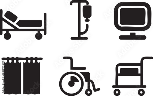 Medical hospital equipment icons set: bed, IV drip, monitor, curtains, wheelchair, cart