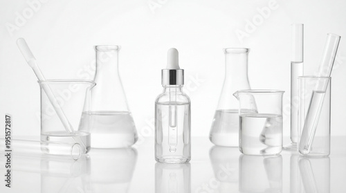 Laboratory glassware collection with transparent liquid and dropper bottle