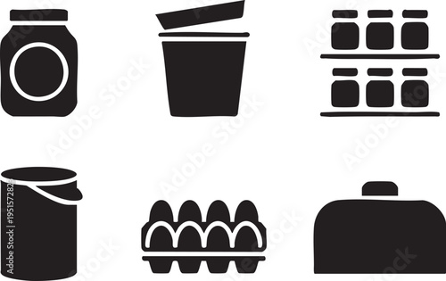 Set of simple outline icons representing kitchen pantry items and food storage containers