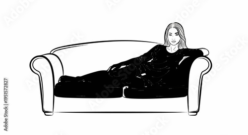A woman reclines on a sofa, her dark clothing contrasting with the white background