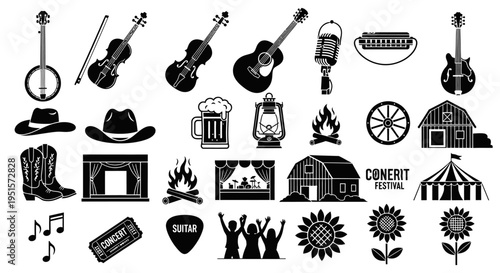 Professional Bluegrass Festival Icon Collection With Acoustic Instruments And Live Performance Scene Design Elements